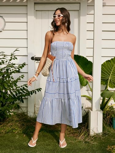 Image of CIDER Women's Strapless Dress with Pockets Tube Striped Long Midi Dresses A Line Beach Vacation Casual Summer Outfits