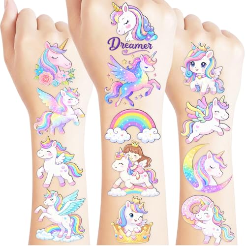 Cute Rainbow Unicorn Temporary Tattoos Pre-Cut for Girls Women| 96PCS Pastel Rainbow Animal Tattoos Stickers for Cute Unicorn Birthday Party Favors Supplies Decorations | Fun Gifts Classroom Rewards