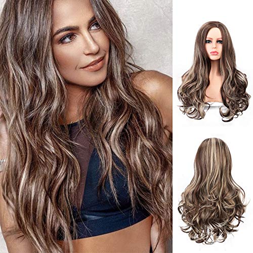 AISI QUEENS Long Wavy Highlight Wigs for Women Synthetic Honey Blonde Mix Brown wave wigs Part Ombre Brown Natural Looking Party Wigs (10/12/22#)