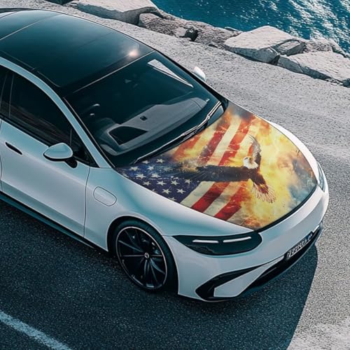 Image of Eagle American Flag Flame Print Car Hood Cover, Stretchable Breathable Automotive Hood Covers Protective Elastic Fabrics Car Hood Decoration and Protection Fit Truck Sedan SUV, 4th of July