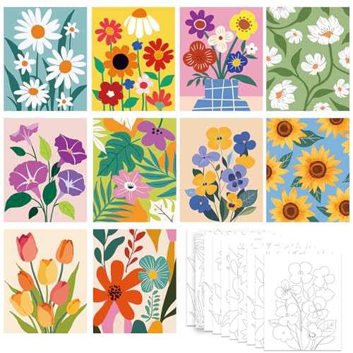 Nuberlic 10 Packs 8X10 Pre Drawn Canvas for Painting Floral Pre Printed Canvas Painting Kit Vibrant Botanical Pre Drawn Canvas to Teens Night Party Supplies