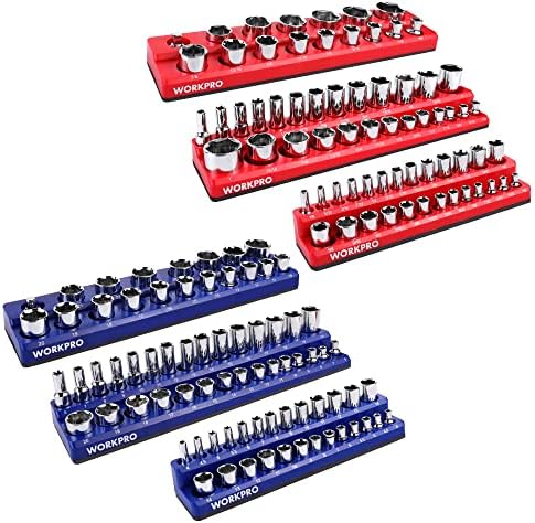 WORKPRO Magnetic Socket Organizer Set, 6-Piece Socket Holder Set Includes 1/4", 3/8", 1/2" Drive Metric SAE Socket Trays, Holds 141 Pieces Standard Size and Deep Size Sockets(Socket not Included)