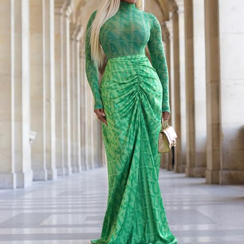 Women's 2 Piece Long Sleeve Mesh Turtleneck Top and Pleated Bodycon Maxi Skirt Going Out Outfits2