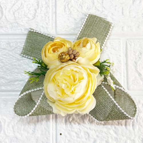 Image of ADIKALA Handmade Artificial Big Peonies 3 Flower Bunch for Trousseau Packing, Ready to use Flower Brooch Hamper for Decoration, Gift Wrapping Flowers (12, Light Yellow)