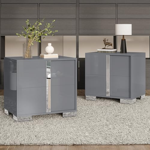 Image of AMERLIFE Nightstand Set of 2, 23.6'' Modern End Table with Drawers, High Gloss UV Finish, Electroplated Pull Handle, Bedside Table for Bedroom, Grey