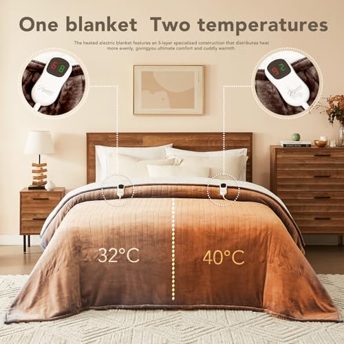 Image of Homemate Electric Heated Blanket Full - 72 inchx84 inch Heating Bed Blankets Throw with 10 Heating Levels 8 Hours Auto Off Fast Heating Over-Heated Protection Ultra Soft Warm Flannel ETL Certified Brown