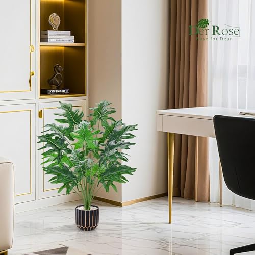 Image of Der Rose 28 inch Artificial Plants Indoor, Philodendron Plant in Black Gold Pot
