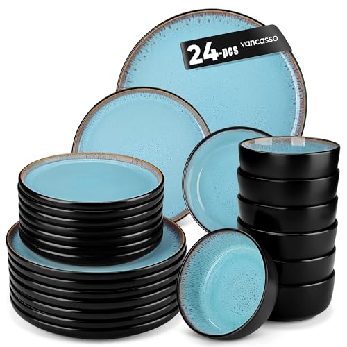 Image of vancasso Plates and Bowls Sets, 24 Pieces Stoneware Dinnerware Sets for 8, Kitchen Dish Set Mircowave and Dishwasher Safe Ceramic Dishware, Blue, Series AMBER