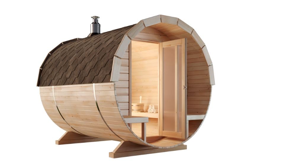 Fasssauna Saunafass Außensauna Carrie 2 Sitzbänke aus Holz Wandstärke 42 mm