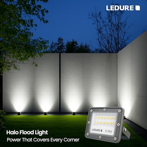 Image of LEDURE Halo 10W LED Flood Light | Pack of 1 | 6500K Cool White | IP65 Waterproof | Wide Voltage 150-300V | 4kV Surge Protection | BIS Approved | Aluminium Die-Cast | Outdoor Flood Light for Garden