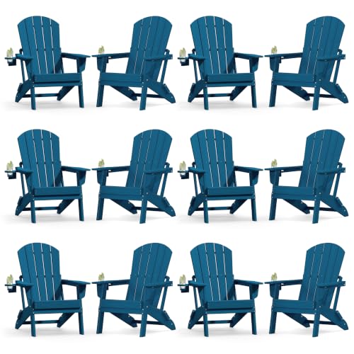 Image of Plawdlik Folding Adirondack Chair 12-piece Set, Cup Holder, Navy Blue | pin-free folding, 38-in tall back, Wood-grain All-weather HDPE; for fire pit, poolside, deck, backyard, patio