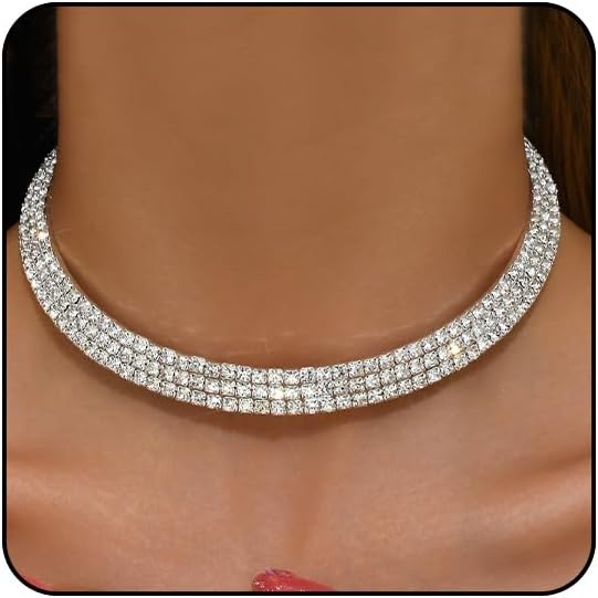 Rhinestone Tennis Necklaces Silver Choker Necklace for Women Bling Collar Necklace for Woman Statement Round Prom Jewelry