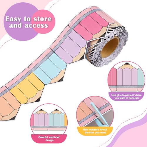 Image of Tenceur 65ft Pencil Classroom Bulletin Board Border Pastel Die-Cut Border Trim Back to School Bulletin Board Decor for School Chalkboard Wall Window Door