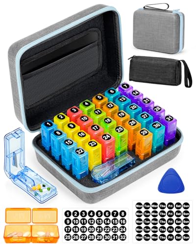 Image of Monthly Pill Organizer 2 Times a Day with Weekly Pill Bags, Portable Hard Shell Case, Pill Cutter & Opener Pick, Monthly and Weekly Stickers for Medication Management (Blue, 2 Times a Day)