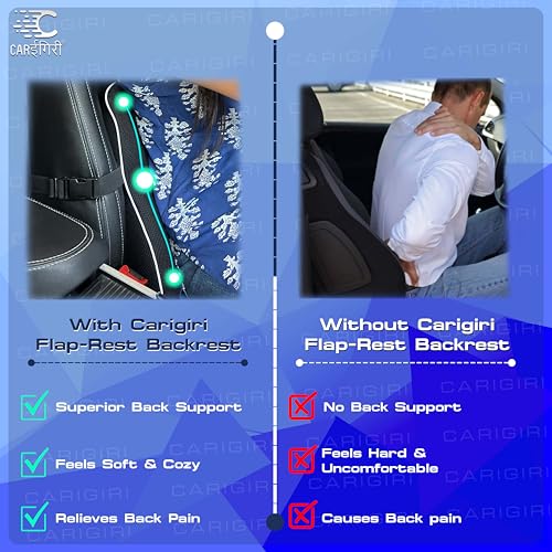 Image of Carigiri FlapRest Car Back Rest Pillow| 1 Year Warranty| Memory Foam Back Pillow| Car Seat Back Cushion| Car Back Pillow for Back Pain Relief in Office,Driving(Black, White Hemming, Pack of 1)
