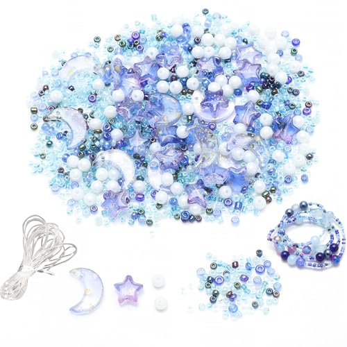 Nurila 110 Stück Perlen für Armbänder,12mm Blau Stern Mondförmige Perlen Set für Armbänder Erwachsene, Schmuck Selber Machen Set, Glasperlen zum Auffädeln für Kinder Erwachsene DIY Armbandherstellung