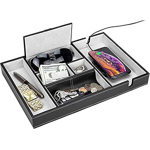 JIADEL Valet Tray for Men | 6 Compartments | Bedroom Organizer with Charging Station | Perfect for Men and Women | Black PU Leather | Decorative Gift Box | Gray Cover