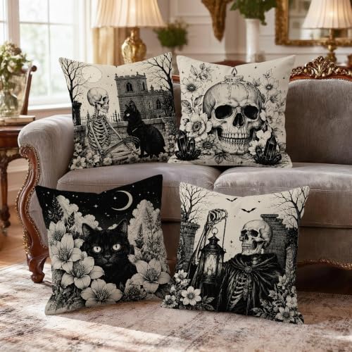 Coussin chat squelette gothique : fermeture éclair invisible
