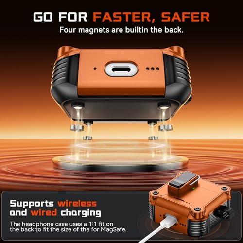 Image of Inesore for AirPods 4 Case with Secure Lock (Orange) | Phone Stand Design,Compatible with MagSafe,Automatic Snap Switch Secure Cover with Cleaner Kit & Keychain