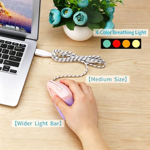 HXMJ Ergonomic Vertical Mouse Wired,USB Corded Optical Mice,7200DPI,Backilt,Right Handed Carpal Tunnel Mouse for Laptop,PC,Computer,Mac-Pink Purple - image 7