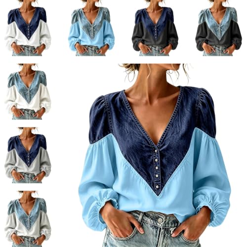 Western Tops for Women V Neck Puff Long Sleeve Button Down Denim Shirt - image 1