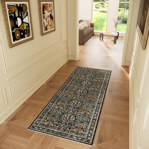 Image of Vintage Floral Area Rug Runner 2x6 Washable Ultra-Thin Boho Carpet for Hallway, Kitchen, Bedroom, Bathroom, Laundry Room