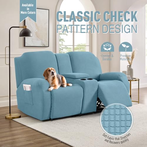 Image of TAOCOCO Recliner Loveseat Cover with Middle Console Sofa slipcover, Stretch Reclining Sofa Covers for 2 Seat Reclining Couch, Jacquard Pattern Soft Loveseat Slipcover Furniture Protector, Dusty Blue