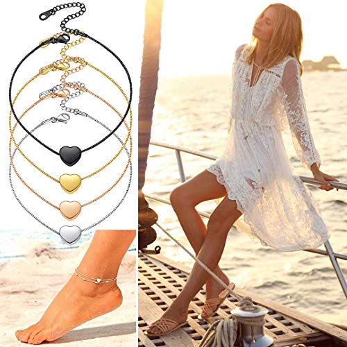 U7 Heart Anklets For Women, Stainless Steel Black Box Chain Ankle Bracelet 9-11 Inches Plus Size Barefoot Jewelry #TOP5