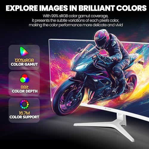 Image of CRUA 34'' White Gaming Monitor 165Hz /144Hz, 21:9 1500R Ultrawide Curved Monitors, WQHD 3440x1440 120% sRGB VA Computer Display Support FreeSync, PIP /PBP, HDMI2.0 & DP1.4, Wall Mount&Tilt Adjustable