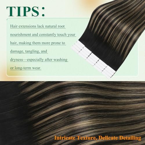 Image of Easyouth Human Hair Tape in Extensions Ombre Black Hair Extensions Real Human Hair Tape in Balayage Black to Honey Blonde Tapes in Extension Human Hair 20 Inch 50g 20Pcs