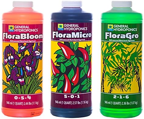 General Hydroponics Flora Series: FloraMicro, FloraBloom, FloraGro - 3-Part Hydroponic Nutrient System, 1 qt. Bottles