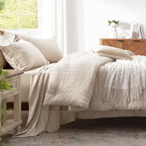 Image of Zzlpp Beige Queen Comforter Set 7 Pieces, Seersucker Bed in a Bag for Bedroom, All Season Bedding Sets with 1 Comforter, 2 Pillow Shams, 2 Pillowcases, 1 Flat Sheet, 1 Fitted Sheet