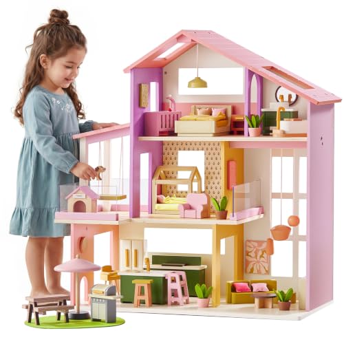 Tiny Land Wooden Doll House, Modern Family Dollhouse with Realistic Design, 7 Rooms Dollhouse with 49 PCS Accessories, Montessori Pretend Play Toddler Toy, Ideal Gift for Kids Ages 3+, Pink
