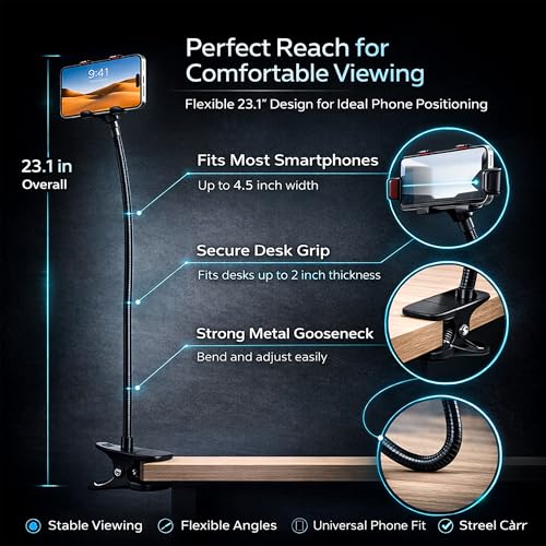 Image of SWAPKART Updated 2026 Flexible Mobile Tabletop Stand, Metal Built -for Video, Heavy Duty Foldable Lazy Bracket Clip Mount, Multi Angle Clamp for All Smartphones (Black)