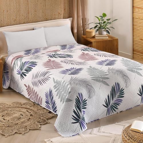 Delindo Lifestyle Tagesdecke Largo mit tropischem Blattmuster, Bettüberwurf für Doppelbett, Gesteppt, 220x240 cm