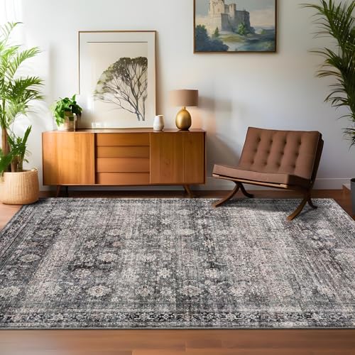 GarveeHome Area Rugs 4x6 Vintage Printed Floor Carpet with Non-Slip Backing, Stain-Resistant Oriental Throw Rugs, Washable Farmhouse Low Pile Rugs for Living Room, Bedroom, Office, Green Camel