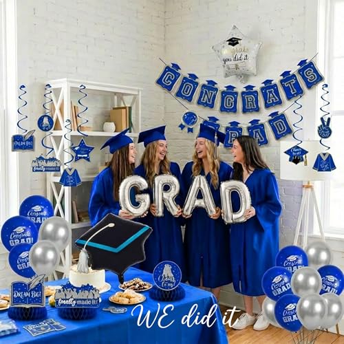 Image of Royal Blue Silver 2026 Graduation Party Decorations - Class of 2026 Grad Printed Balloons, Banner, Hanging Swirls, Table Centerpieces, Trophy Foil Balloons for College High School Graduation Prom