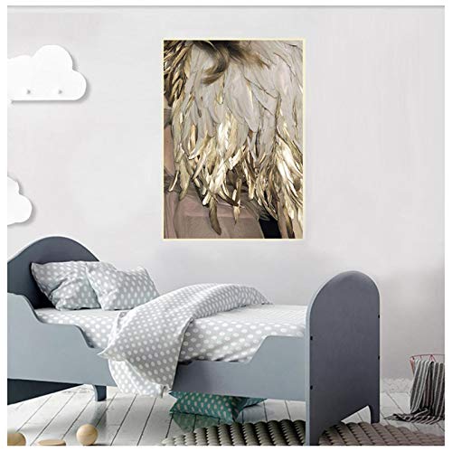 Póster de lámpara de color dorado con plumas, impresión en lienzo, pared, estilo minimalista nórdico, arte modular, sala de estar, dormitorio, decoración del hogar, 60x80cm (24x31in) con marco negro Cover