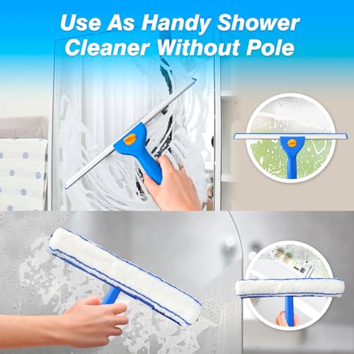 Image of ARTIPOLY Squeegee for Window Cleaning, 14 inch Extra-Large Squeegee & Microfiber Scrubber Combi with 60 inch Stainless Steel Pole, Window Cleaning Kit for Shower Glass Mirror Door Car-2 Pads