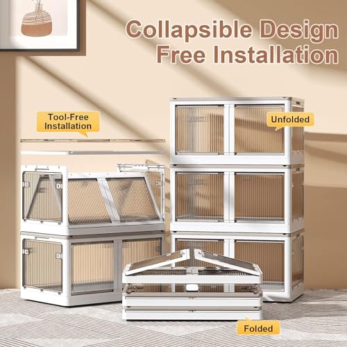 Image of EXVITO 1 Tier Foldable Wardrobe for Bedroom Clothes Storage Cabinet | Collapsible Plastic Almirah Organizer with Magnetic Doors & Wheels | Stackable Cupboard for Clothes Storage - Cream