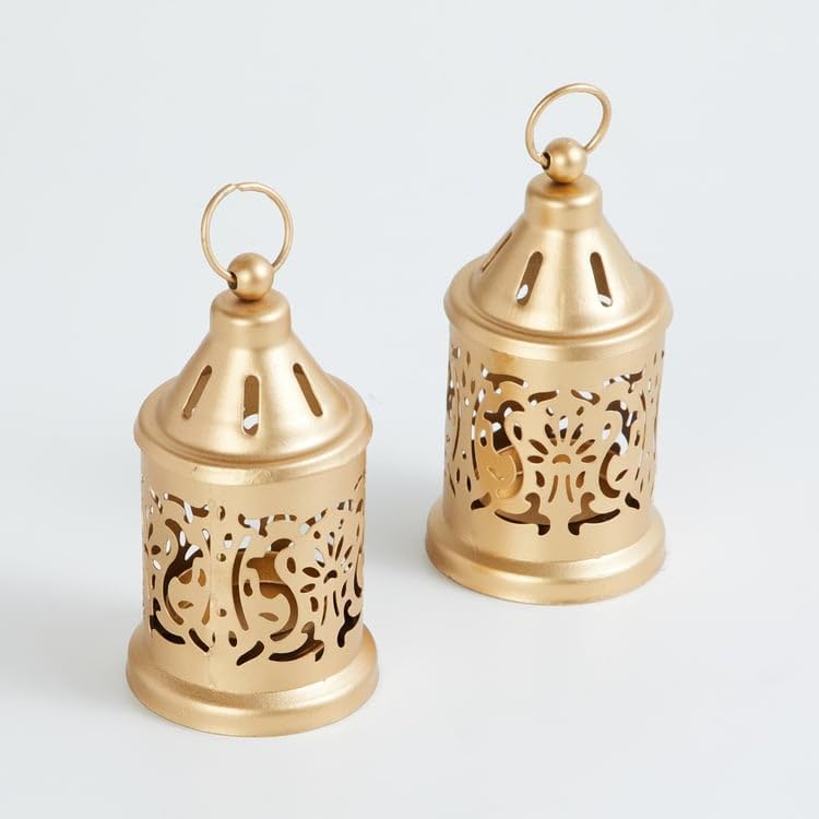 Image of Hanging Metal Candle & Tealight Holder Lantern Set with LED Candle - Vintage Golden Decorative Lanterns for Home, Living Room, Dining Table, Balcony, Garden, Festival & Gift (Pack of 1)