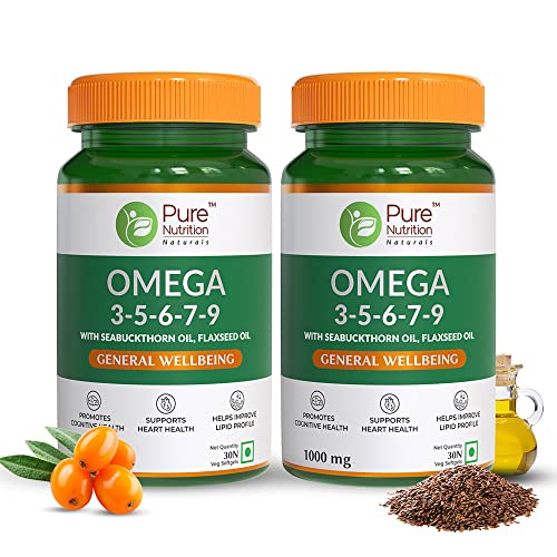 Image of Pure Nutrition Vegan Omega 3-5-6-7-9 | 60 Veg Softgels (30 x 2) | Blend of Seabuckthorn, Flaxseed, Pomegranate, Borage & Olive Oils | Supports Heart, Nerve, Kidney Health | Improves Lipid Profile & Lowers Cholesterol