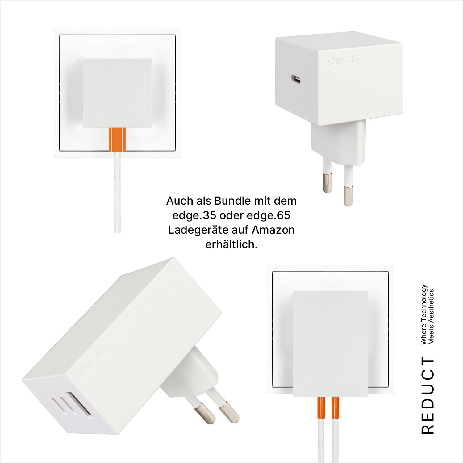 Reduct® Cargador USB Edge.65 de 65 W, cargador rápido, varios puertos USB (2 puertos USB-C + 1 USB-A), certificado y fabricado con los más altos estándares (blanco y blanco)