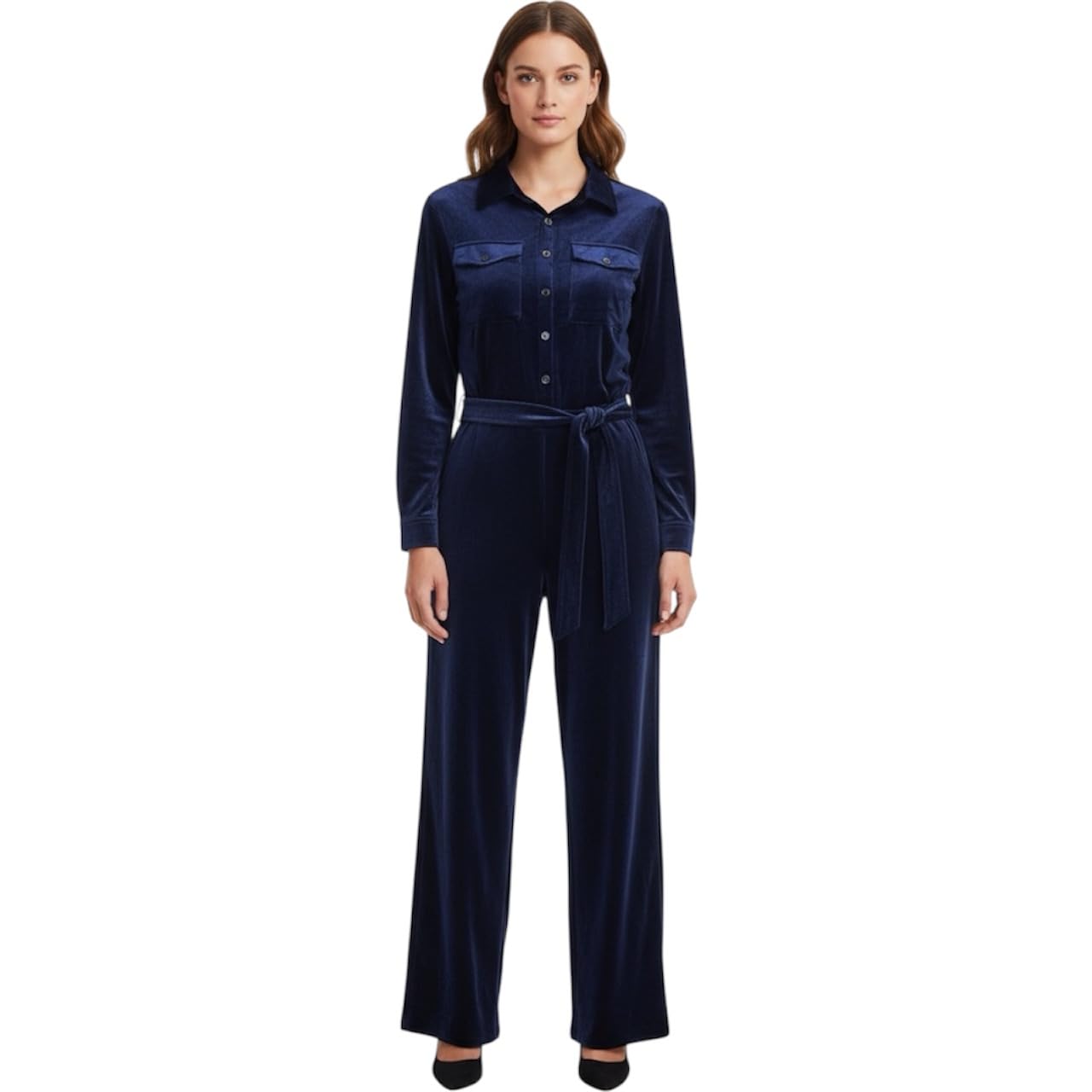 Women's Velvet Jumpsuit Navy Blue Full Sleeve Button Down Belted Size M/L Bust 36-picture-55
