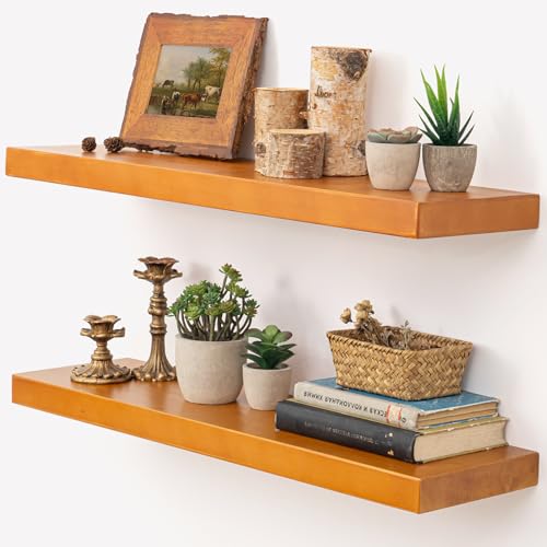 Image of Marsmiles 30 Inch Floating Shelves | Rustic Honey Oak Wall Shelves Set of 2 | 30 inch W x 7.7 inch D x 1.6 inch H Wooden Shelves for Bathroom Kitchen Living Room