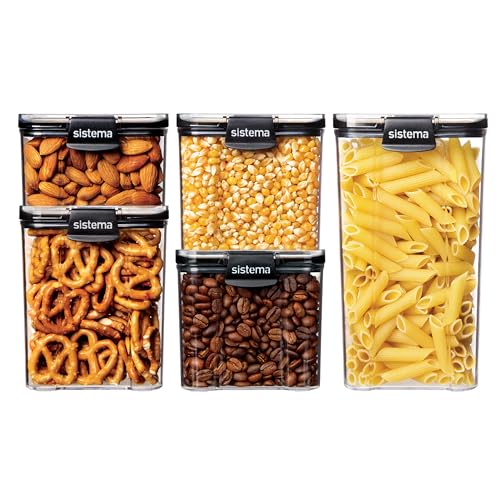 Sistema Ultra luftdichte Frischhaltedosen Quadratisch | Vorratsdosen in verschiedenen Größen | Stapelbar | Verschlussclips | BPA-frei | Transparent mit schwarzen Akzenten | 5 Stück