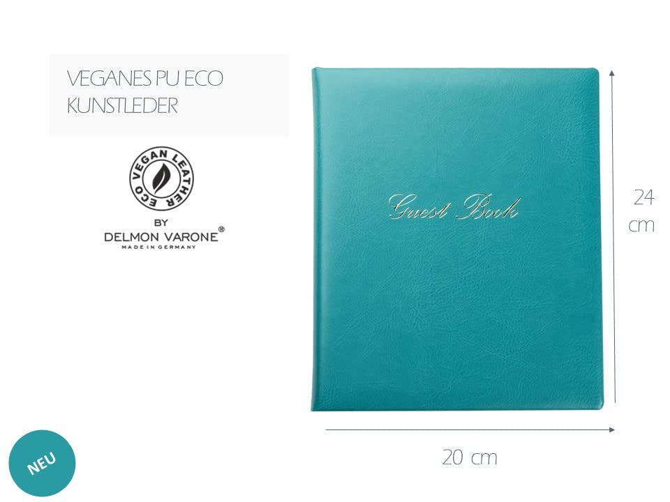 DELMON VARONE – Libro degli ospiti in ecopelle vegana Novapell blu – Libro degli ospiti del matrimonio rilegato con copertina rigida e nastro adesivo per matrimonio, battesimo, compleanno, nascita e