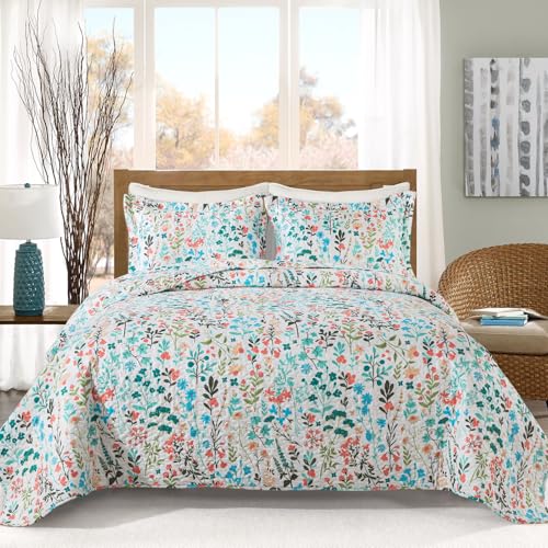 VAPUTAR Queen Quilt Bedding Set-3 Pieces Botanical Quilt Queen Size (90 x 98 inch), Reversible Queen Coverlet with Garden Style Floral Pattern, Bedspread Queen Size Suitalble for All Season.