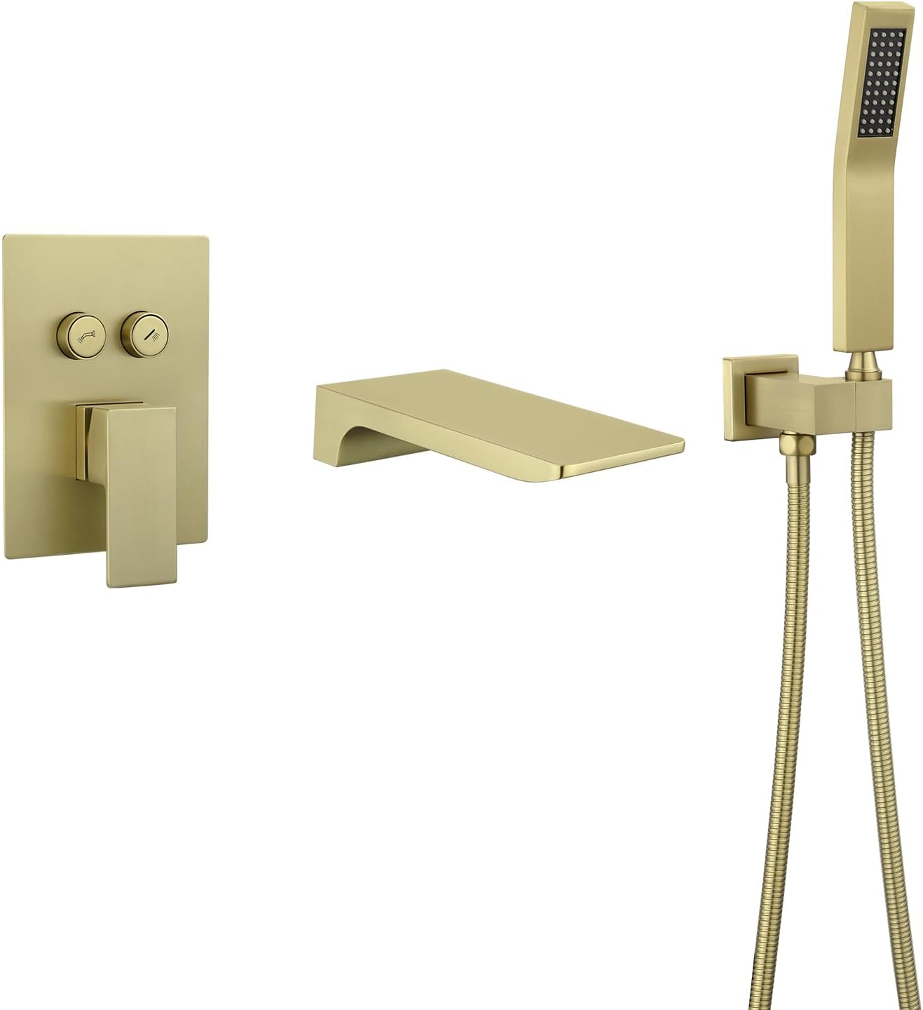 Wall Mount Waterfall Bathtub Faucet,High Flow Bath Tub Faucet Set with Hand Shower, Modern Tub Filler with Dual Control Push-Button Diverter Solid Brass Pressure Balance Valve,Matte Black