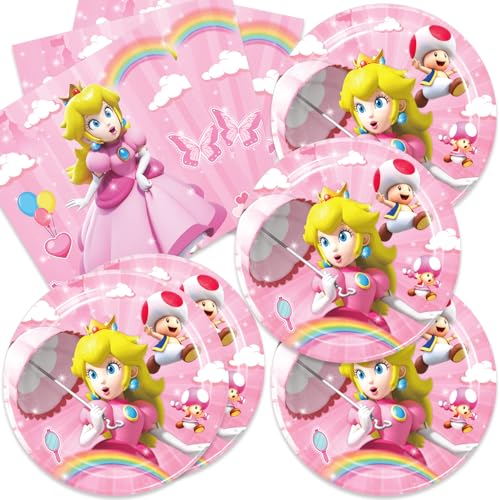 40Pcs Princess Peach Party Supplies include 20 plates, 20 napkins for the Princess Peach birthday party decoration